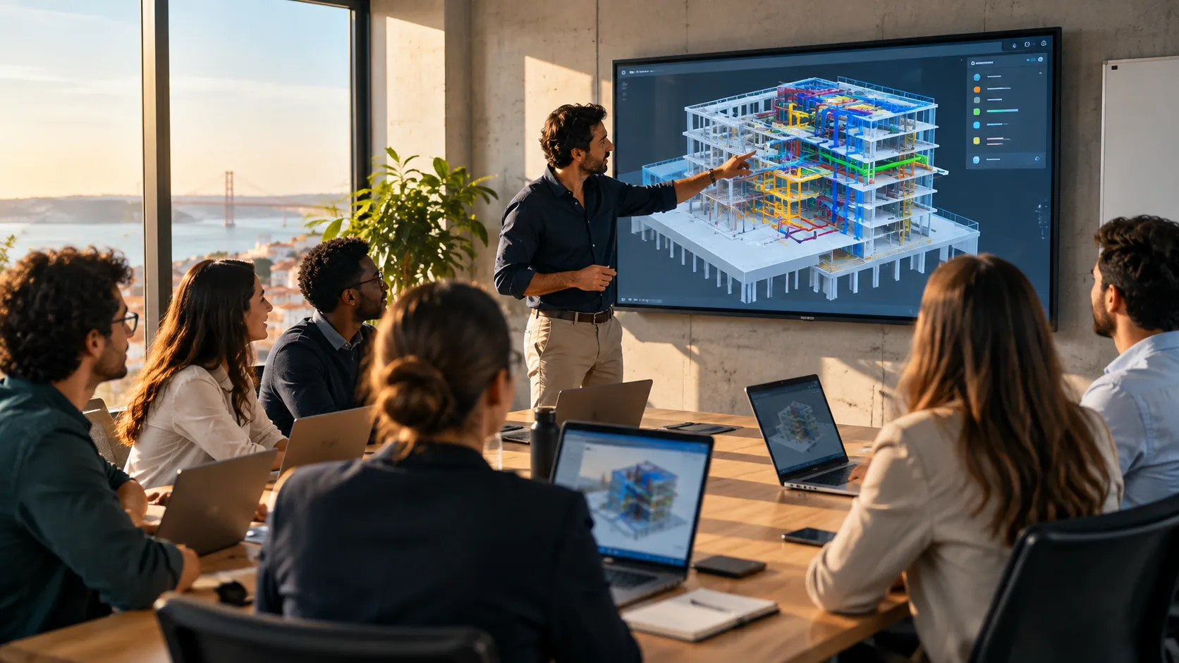 Formação BIM: formador a explicar um modelo 3D num ecrã a uma equipa de profissionais