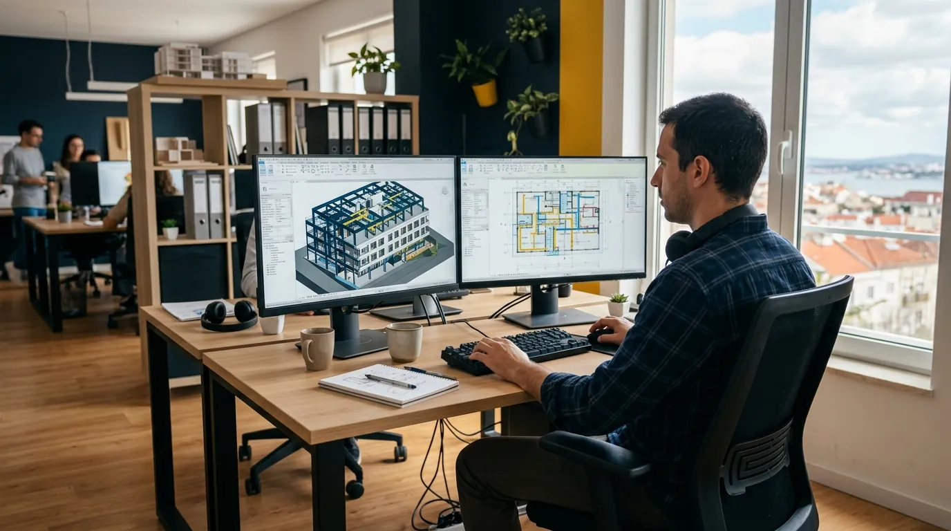 Modelador BIM a trabalhar num modelo 3D de edifício em dois monitores