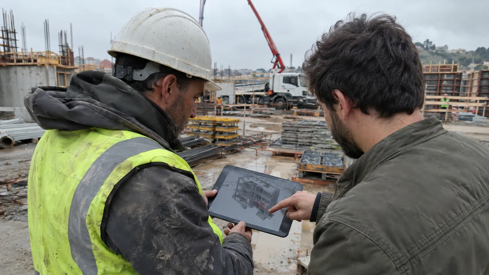 Dono de obra e diretor de obra a analisar o modelo BIM num tablet em frente à estrutura em construção
